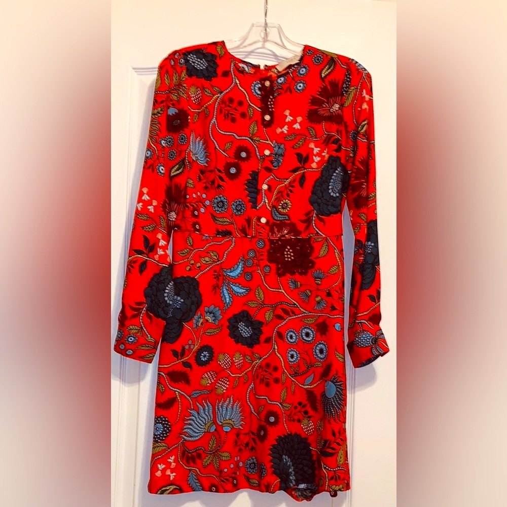 LOFT Orange and Blue Floral Long Sleeve Dress